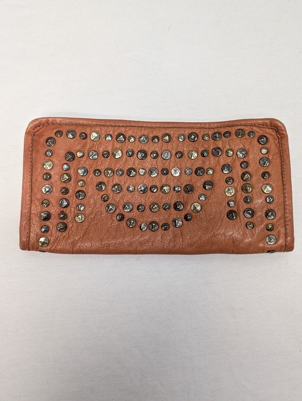 Viola Castellani Milano Genuine Tan Leather Studded Zip Around Wallet Clutch